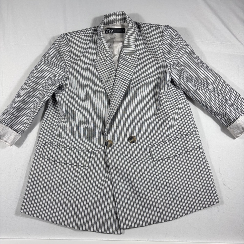 ZARA Blazer Jacket Womens Large White Rustic Stripe Double Breasted Oversized